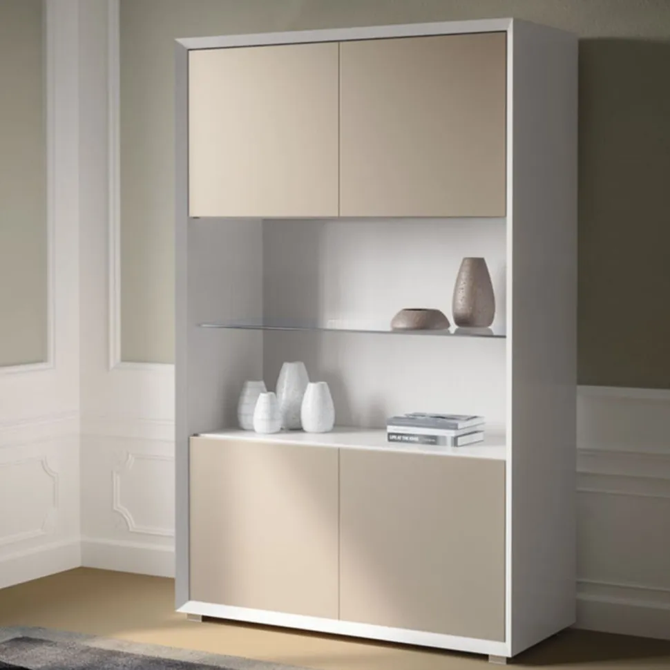 Credenza 4 ante Frassino nuvola e Fango con ripiano in Vetro linea Tilt