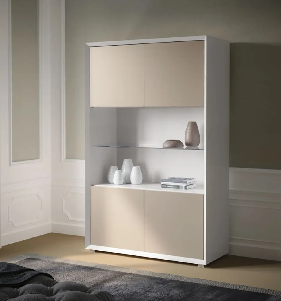 Credenza 4 ante Frassino nuvola e Fango con ripiano in Vetro linea Tilt