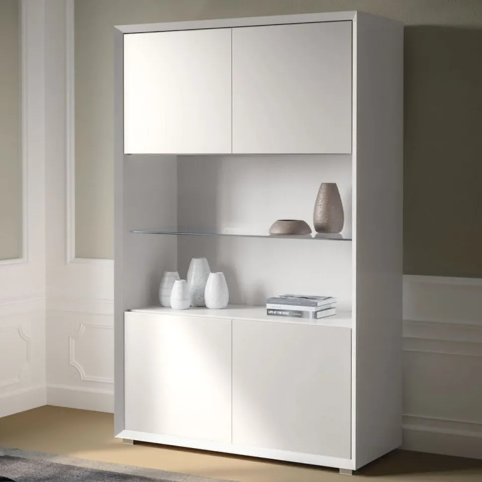 Credenza 4 ante in Bianco Opaco con ripiano in vetro linea Tilt