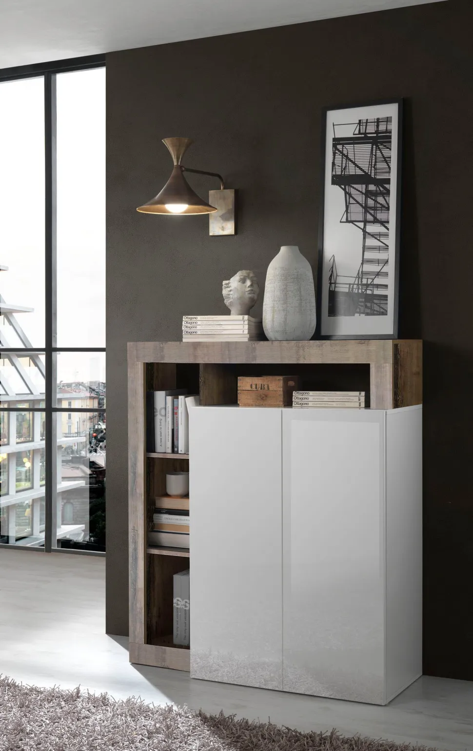 Credenza 2 ante linea Frame in Bianco Lucido e Pero