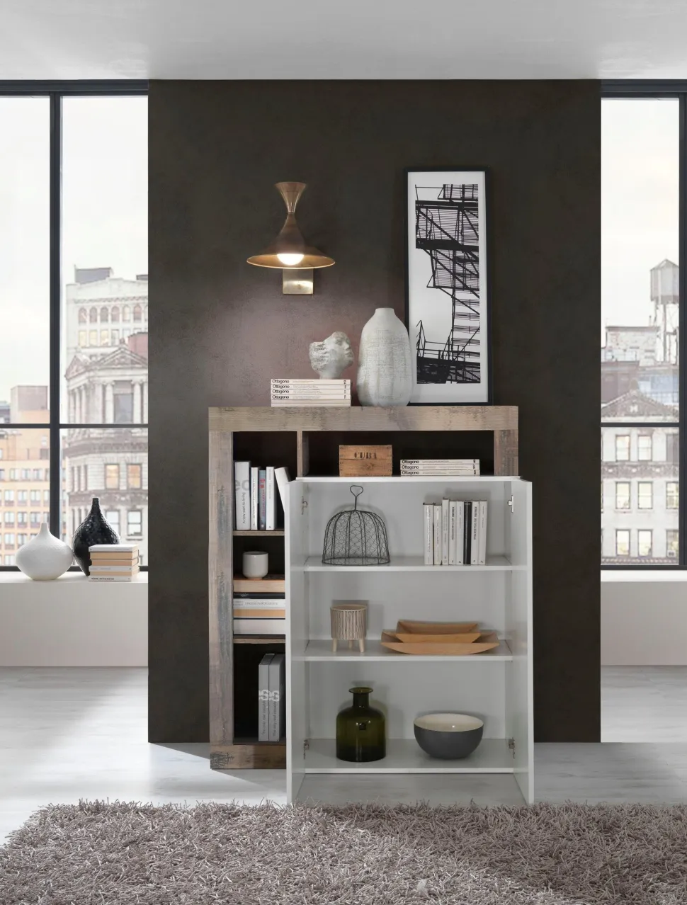 Credenza 2 ante linea Frame in Bianco Lucido e Pero