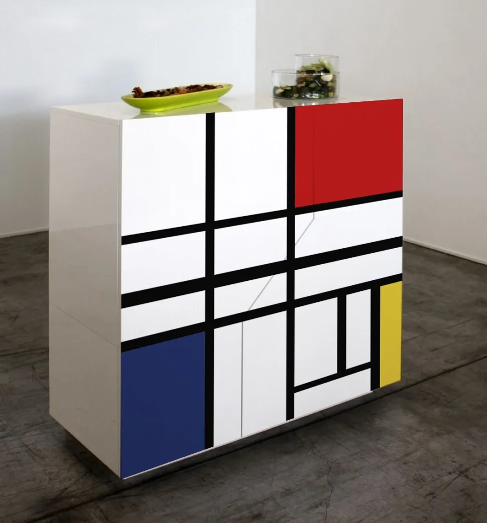 Credenza 2 ante linea Galassia in finitura Bianco Lucido con serigrafia "Piet Mondrian"