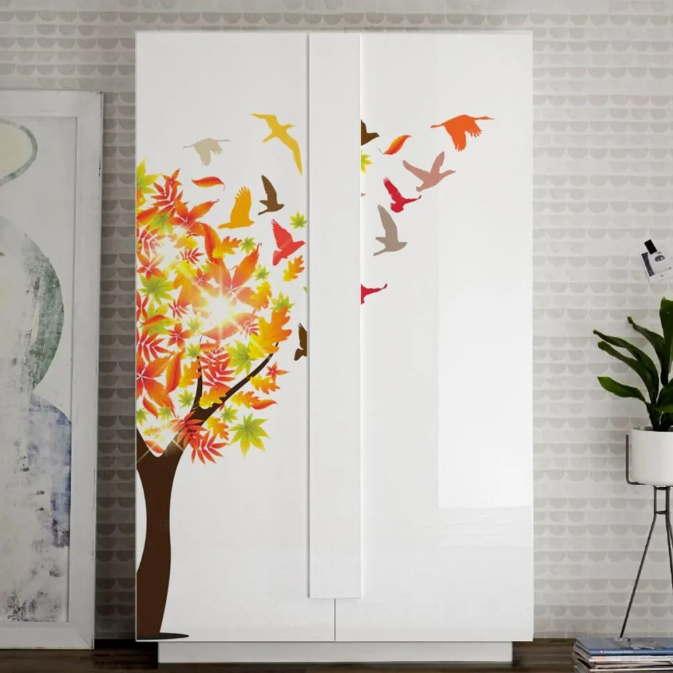 Credenza 2 ante linea Sax in finitura Bianco Lucido con serigrafia autunno