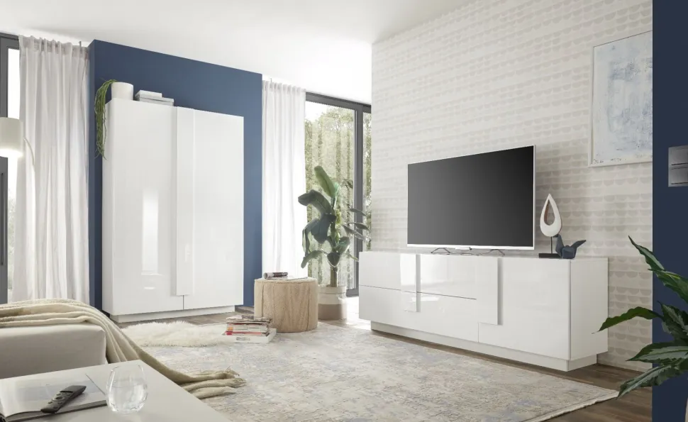 Credenza 2 ante linea Sax in finitura Bianco Lucido con serigrafia autunno