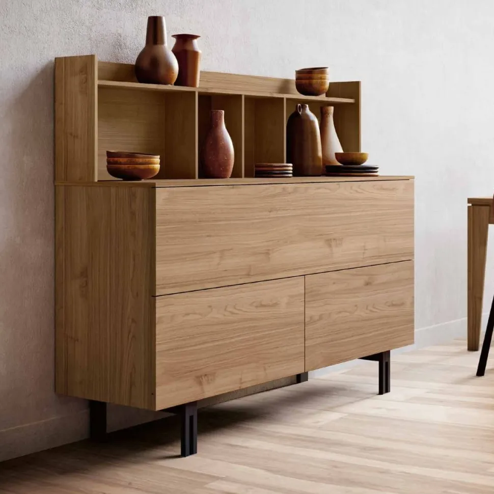 Credenza moderna 1 anta ribalta e 2 cassetti finitura Quercia con sopralzo con apertura push pull disponibile in vari colori