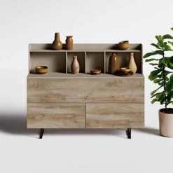 Credenza moderna 1 anta ribalta e 2 cassetti finitura Quercia con sopralzo con apertura push pull disponibile in vari colori