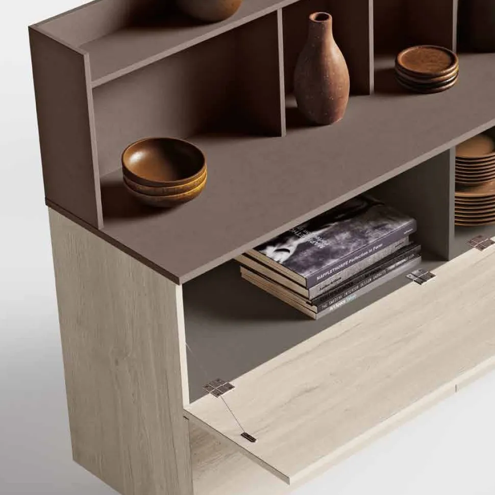 Credenza moderna 1 anta ribalta e 2 cassetti finitura Quercia con sopralzo con apertura push pull disponibile in vari colori