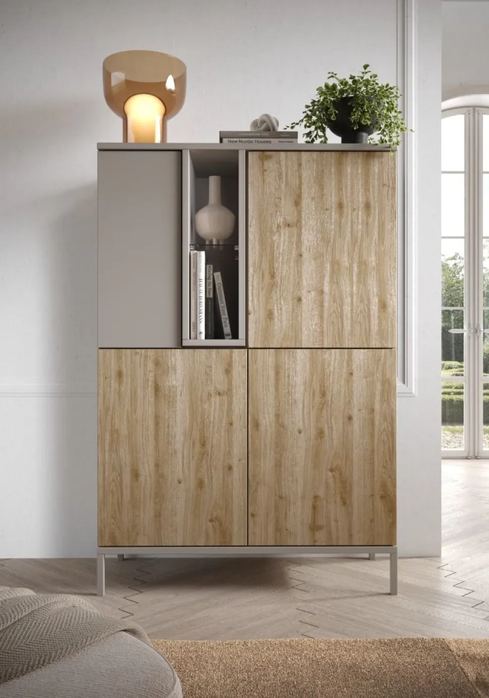 Credenza moderna 4 ante battenti senza maniglie con vano a giorno Linea Dalì