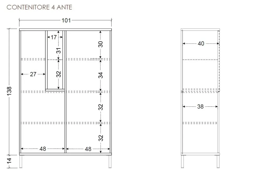 Credenza moderna 4 ante battenti senza maniglie con vano a giorno Linea Dalì
