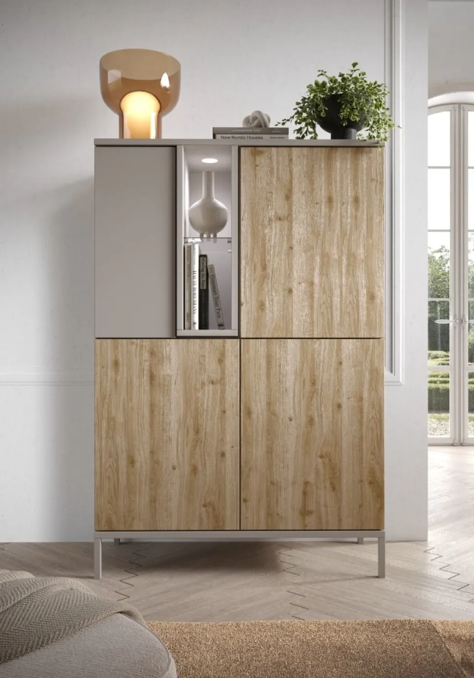Credenza moderna 4 ante battenti senza maniglie con vano a giorno Linea Dalì