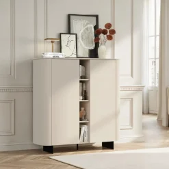Credenza moderna 2 ante con vano a giorno centrale senza maniglia con piede a lama in metallo