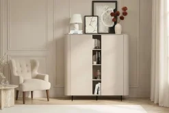 Credenza moderna 2 ante con vano a giorno centrale senza maniglia con piede a lama in metallo
