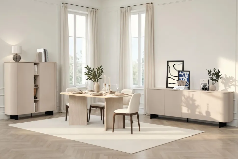 Credenza moderna 2 ante con vano a giorno centrale senza maniglia con piede a lama in metallo
