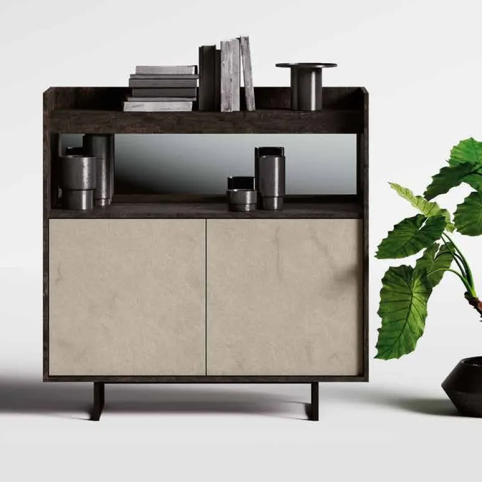 Credenza moderna 2 ante Rovere Nordico e Moka con top a vassoio e inserto a specchio disponibile in vari colori