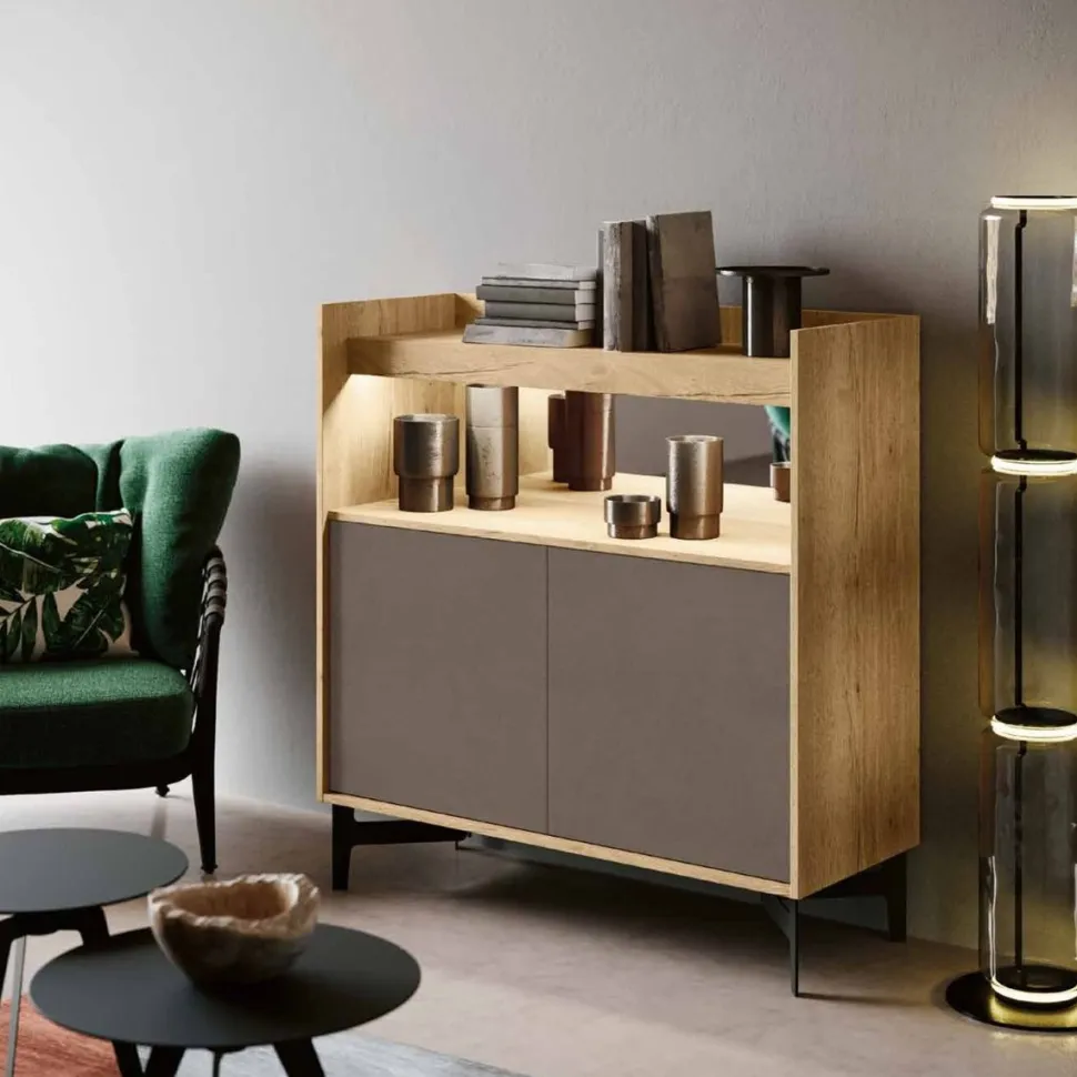 Credenza moderna 2 ante Rovere Nordico e Moka con top a vassoio e inserto a specchio disponibile in vari colori