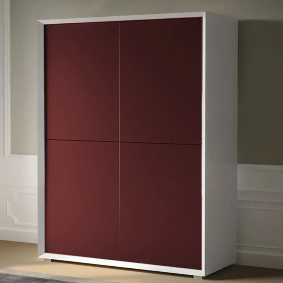 Credenza moderna in Bianco opaco e Rosso Porpora 4 ante senza maniglia linea Tilt