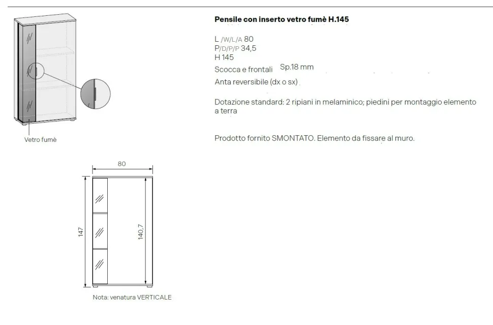 Credenza moderna Noce biondo 1 anta con inserto in vetro fumè disponibile in vari colori