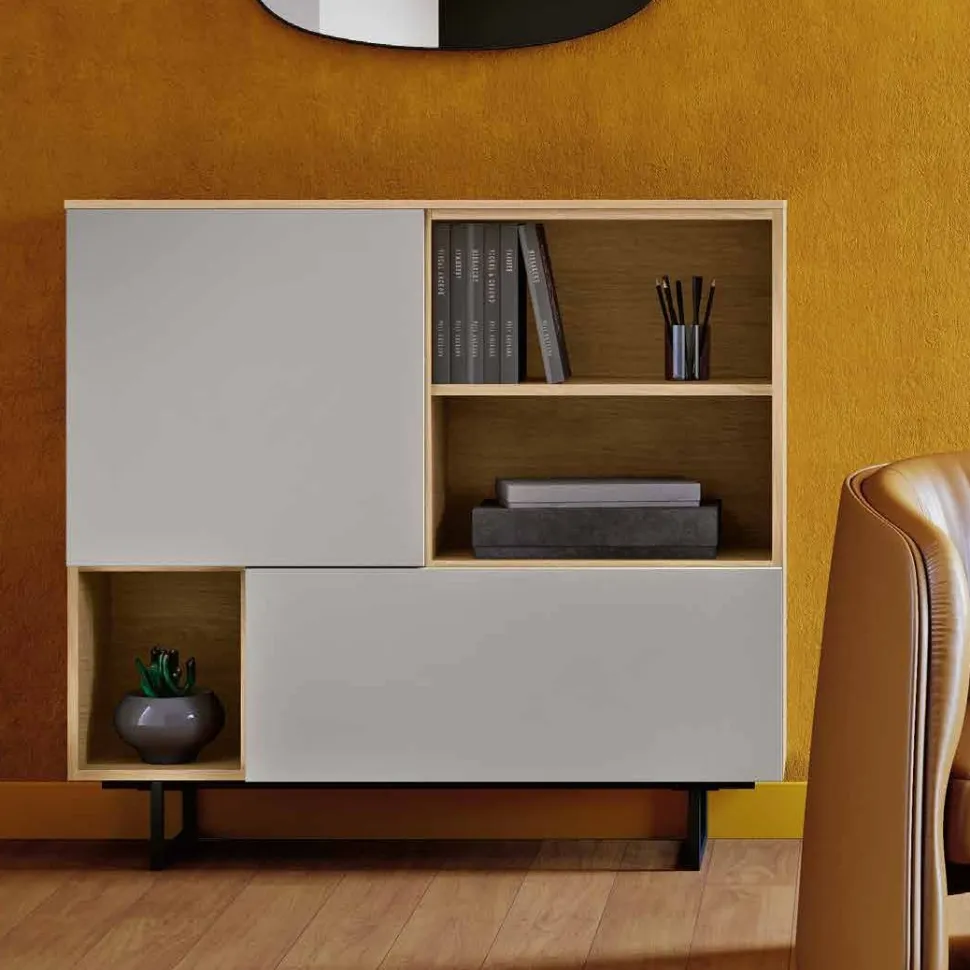 Credenza moderna Rovere e Grigio senza maniglie 2 ante e vani a giorno disponibile in vari colori