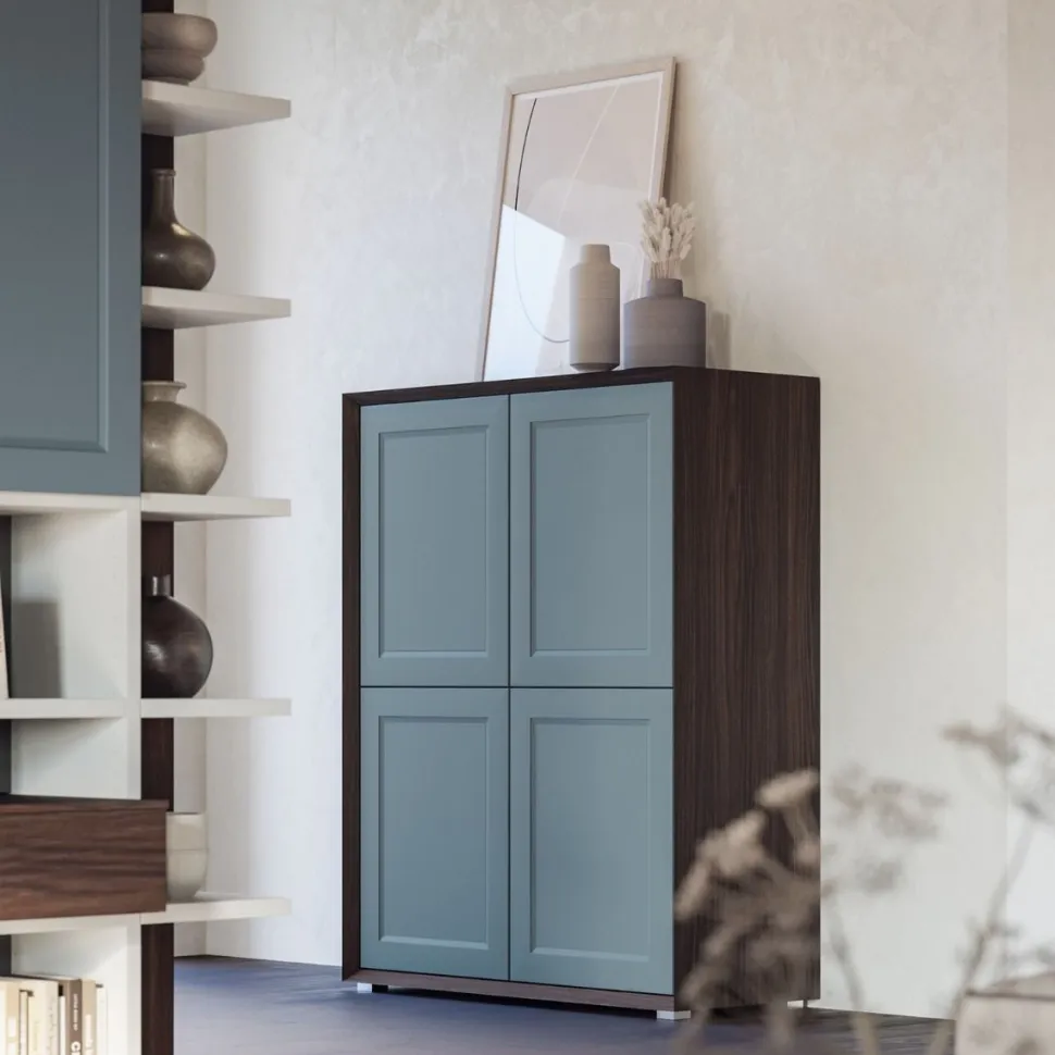 Credenza moderna verde Bristol e Teak 4 ante senza maniglia linea Tilt CLASSIC