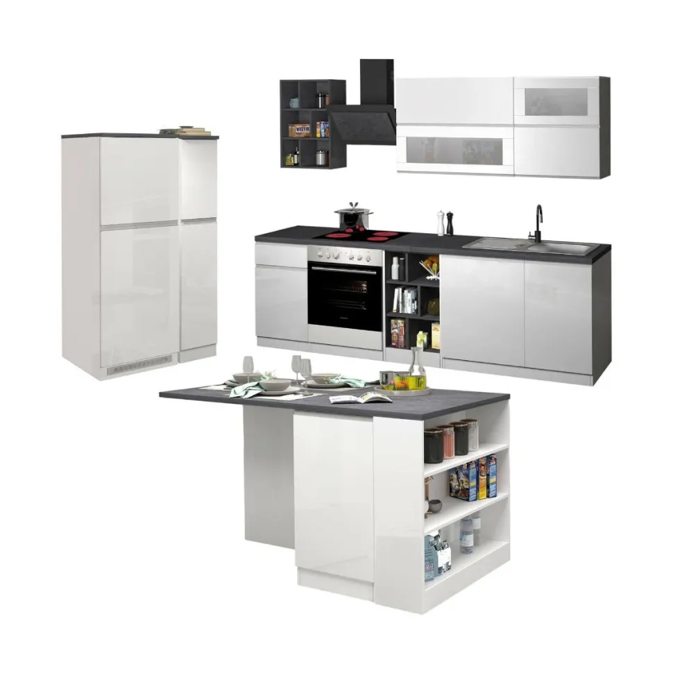 Cucina completa con isola moderna con maniglie a incasso in allumino Patrik in finitura Bianco Lucido e Ardesia
