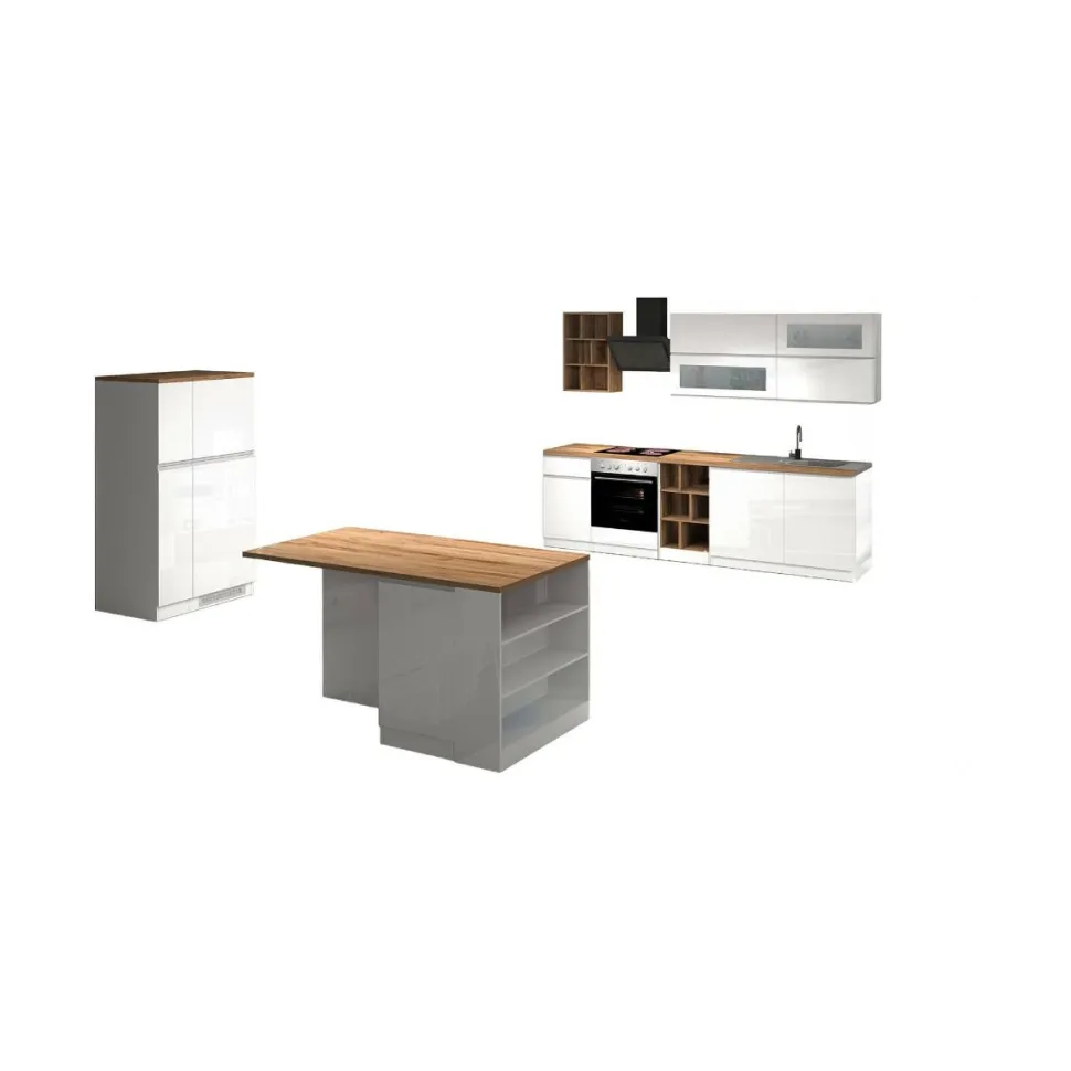 Cucina completa con isola moderna con maniglie a incasso in allumino Patrik in finitura Bianco Lucido e Rovere