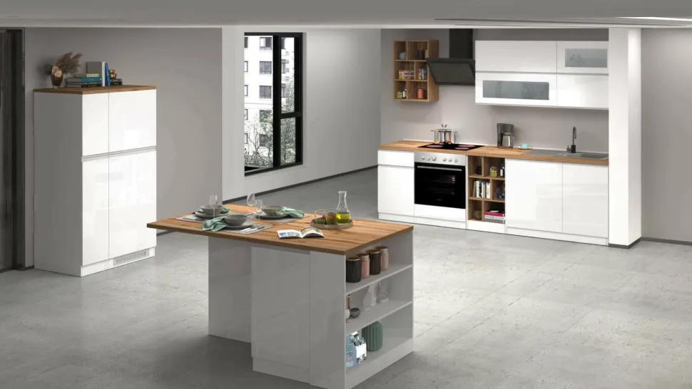 Cucina completa con isola moderna con maniglie a incasso in allumino Patrik in finitura Bianco Lucido e Rovere