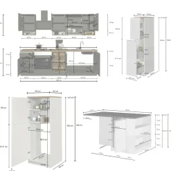 Cucina completa con isola moderna con maniglie a incasso in allumino Teodora in finitura Bianco Lucido e Rovere