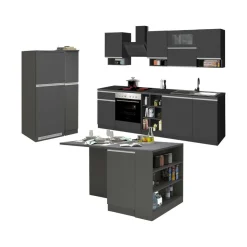Cucina completa con isola moderna con maniglie a incasso in allumino Teodora in finitura Antracite e Ardesia