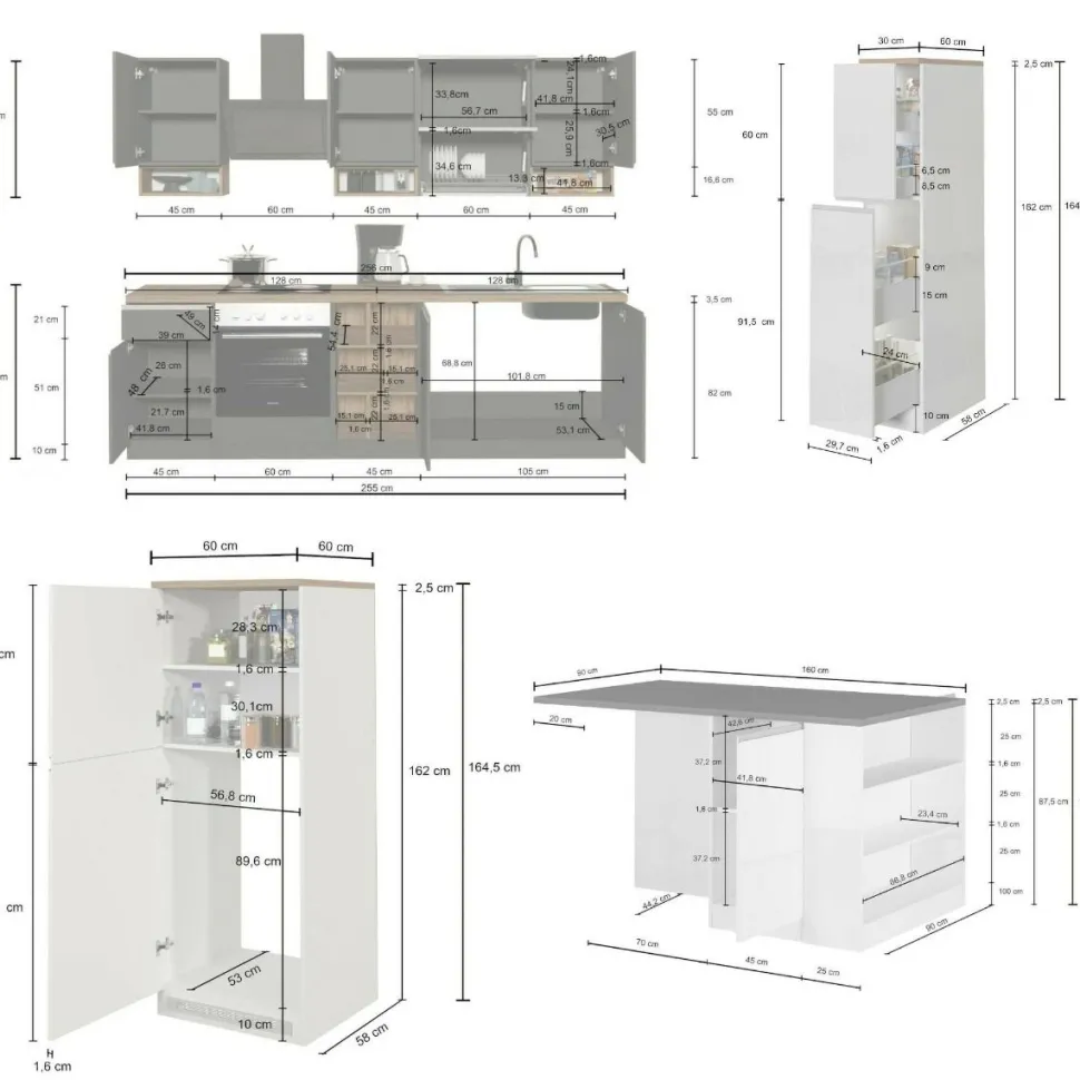 Cucina completa con isola moderna con maniglie a incasso in allumino Teodora in finitura Bianco Lucido e Ardesia