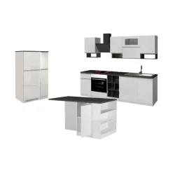 Cucina completa con isola moderna con maniglie a incasso in allumino Teodora in finitura Bianco Lucido e Ardesia