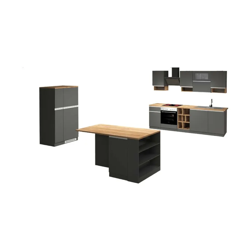 Cucina completa con isola moderna con maniglie a incasso in allumino Teodora in finitura Antracite Opaco e Rovere