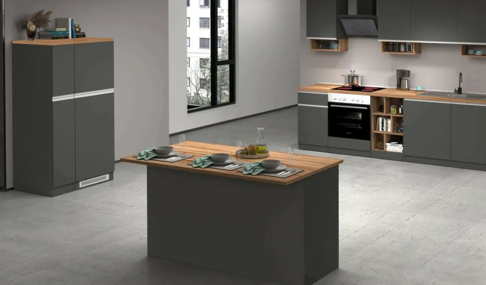 Cucina completa con isola moderna con maniglie a incasso in allumino Selene in finitura Antracite Opaco e Rovere