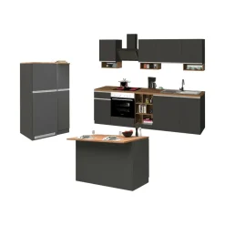 Cucina completa con isola moderna con maniglie a incasso in allumino Irene in finitura Antracite Opaco e Rovere