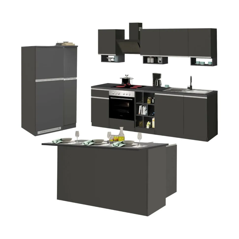 Cucina completa con isola moderna con maniglie a incasso in allumino Selene in finitura Antracite Opaco e Ardesia