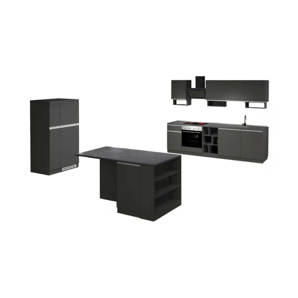 Cucina completa con isola moderna con maniglie a incasso in allumino Tina in finitura Antracite Opaco e Ardesia