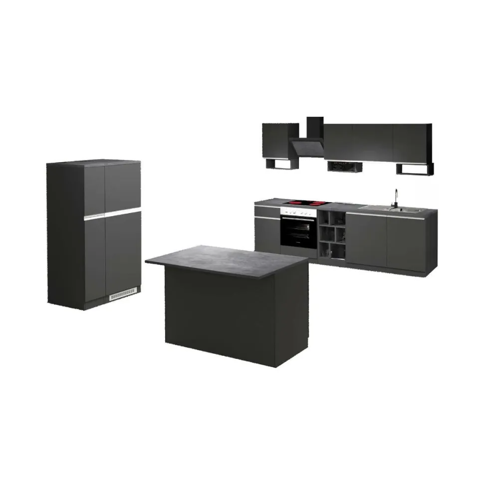 Cucina completa con isola moderna con maniglie a incasso in allumino Irene in finitura Antracite Opaco e Ardesia
