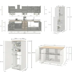 Cucina completa con isola moderna con maniglie a incasso in allumino Selene in finitura Bianco Lucido e Rovere