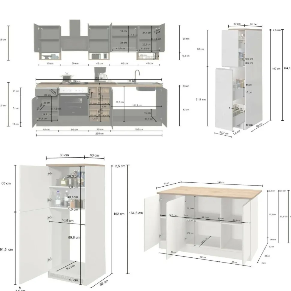 Cucina completa con isola moderna con maniglie a incasso in allumino Selene in finitura Bianco Lucido e Rovere