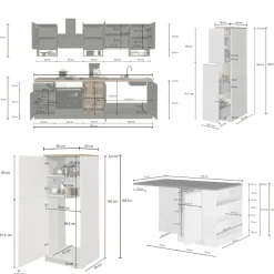 Cucina completa con isola moderna con maniglie a incasso in allumino Tina in finitura Bianco Lucido e Rovere
