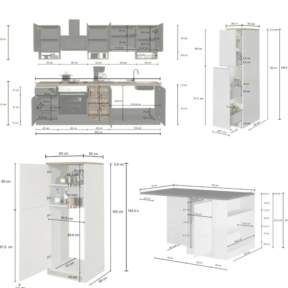 Cucina completa con isola moderna con maniglie a incasso in allumino Tina in finitura Bianco Lucido e Rovere