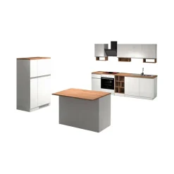 Cucina completa con isola moderna con maniglie a incasso in allumino Irene in finitura Bianco Lucido e Rovere