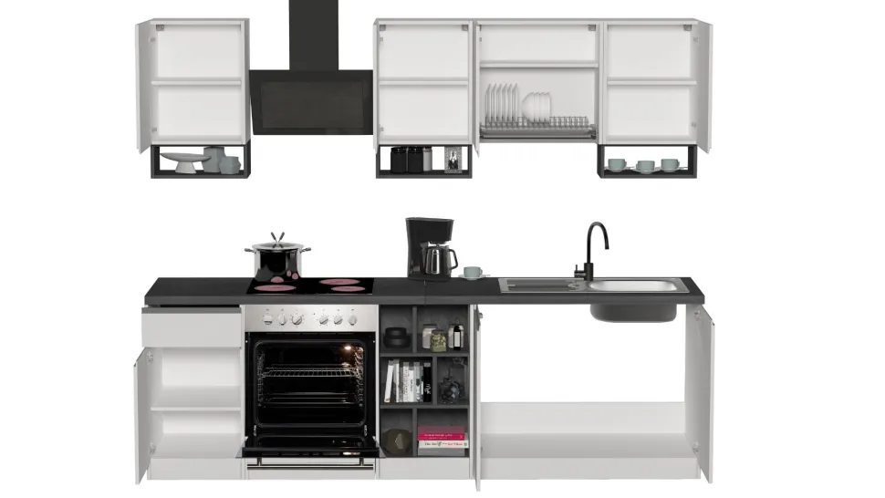 Cucina lineare moderna con maniglie a incasso in allumino Zenit in finitura Bianco Lucido e Ardesia