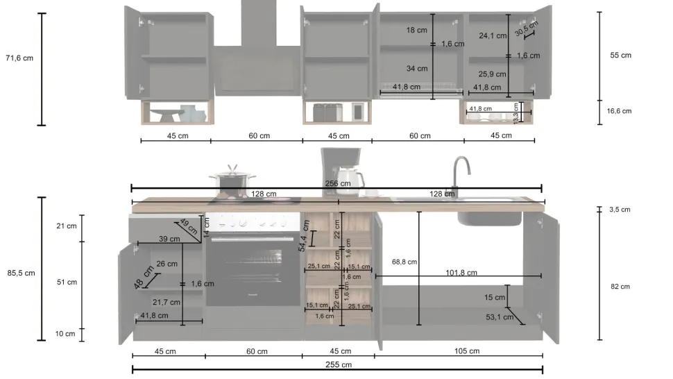 Cucina lineare moderna con maniglie a incasso in allumino Zenit in finitura Bianco Lucido e Ardesia