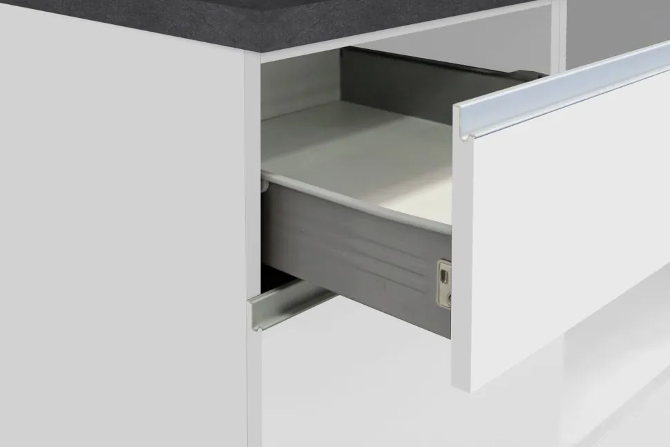 Cucina lineare moderna con maniglie a incasso in allumino Zenit in finitura Bianco Lucido e Ardesia