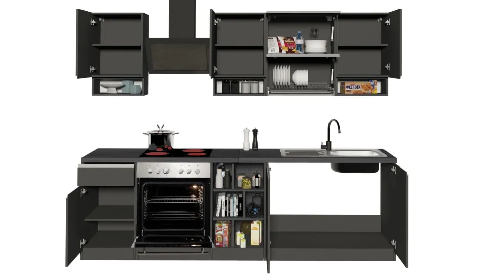 Cucina lineare moderna con maniglie a incasso in allumino Sendy in finitura Antracite Opaco e Ardesia
