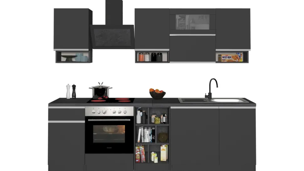 Cucina lineare moderna con maniglie a incasso in allumino Sendy in finitura Antracite Opaco e Ardesia