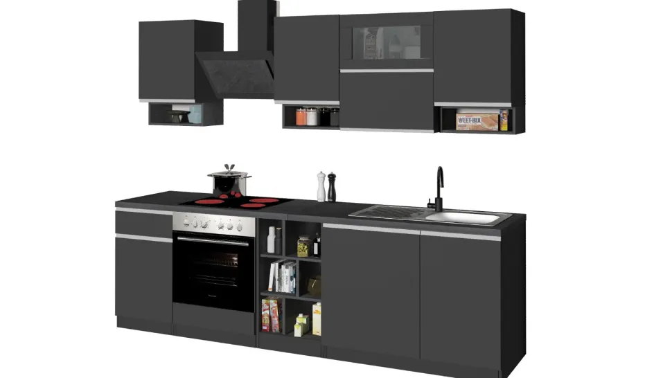 Cucina lineare moderna con maniglie a incasso in allumino Sendy in finitura Antracite Opaco e Ardesia