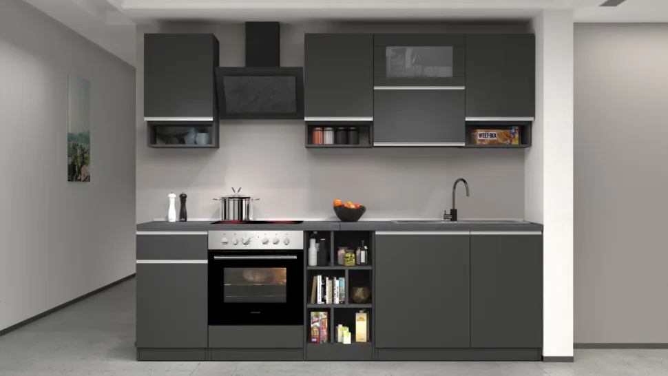 Cucina lineare moderna con maniglie a incasso in allumino Sendy in finitura Antracite Opaco e Ardesia