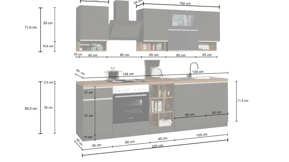 Cucina lineare moderna con maniglie a incasso in allumino Sendy in finitura Antracite Opaco e Ardesia
