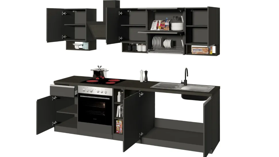 Cucina lineare moderna con maniglie a incasso in allumino Sendy in finitura Antracite Opaco e Ardesia